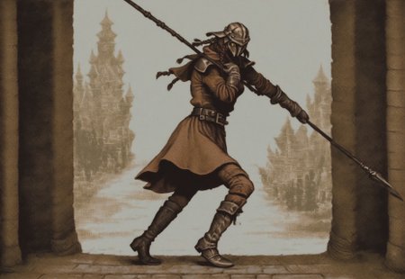 score_9, score_8_up, score_7_up, score_6_up, masterpiece, best quality, very aesthetic, 1girl, solo, from side, helmet, brown hair, braids, yellow eyes, blue brigandine, belt, leather gloves, padded leggings, boots, polearm, scabbard BREAK medieval courtyard background, dynamic color, dynamic attack pose, dynamic background, warm tone, vermis style