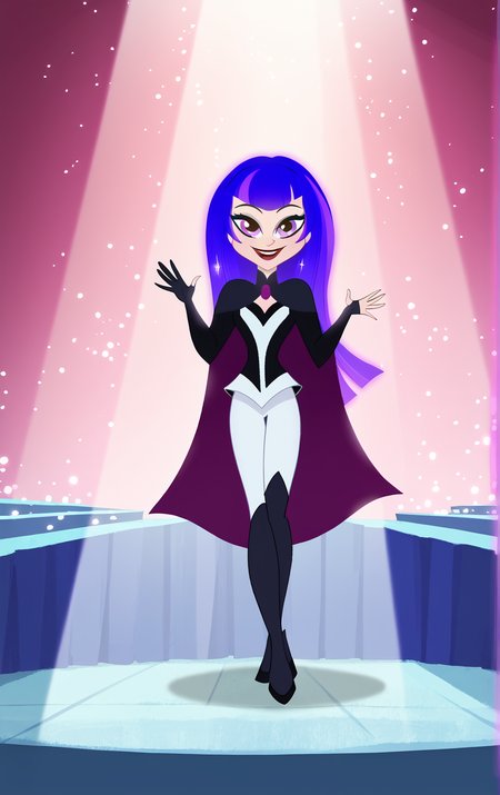 ((score_9)), score_8_up, ((high quality)), ((masterpiece)) BREAK
  DCSG Style, ZeeZ, Zatanna, makeup, cape, Purple eyes, long hair, blunt bangs, looking at viewer, smiling, good anatomy, five fingered hands, spotlight, theater stage, waving, full body<lora:DC_Superhero_Girls_2019:0.8>,<lora:pony_good_hands:0.8>