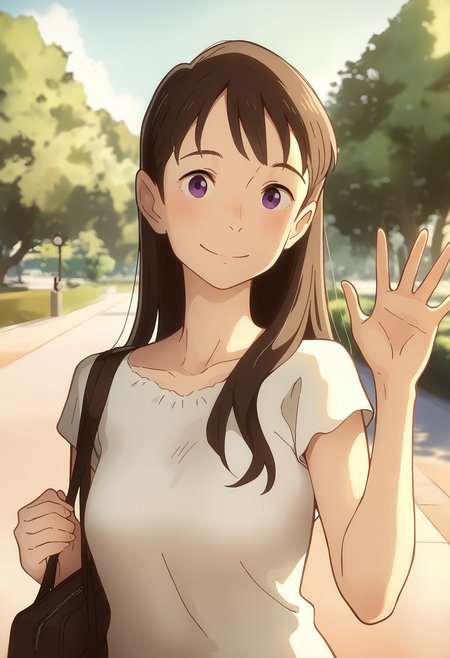 masterpiece, amazing quality, best quality, ultra-detailed, amazing quality, newest, absurdres, highres, very aesthetic, 1girl, solo, upper body, waving, onee_ph, long hair, brown hair, purple eyes , small breasts, front view, smile, outdoors, park, looking at viewer,<lora:onee_ph-il:1>
