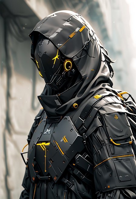 masterpiece,high resolution,shadow detail,natural light,
techwear, 
techwear, , science fiction, solo, upper body, robot mask, , black jacket
 <lora:TechWearXL:0.8>