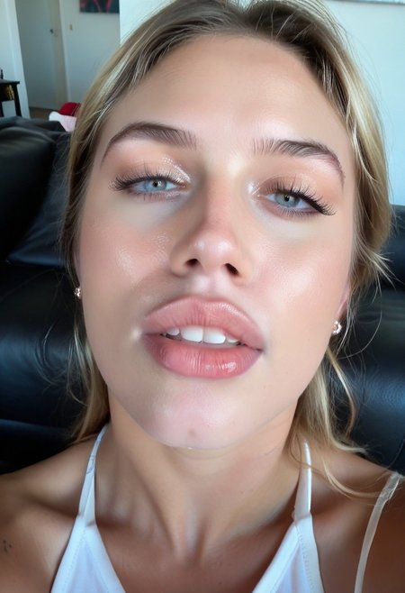 score_9, score_8_up, score_7_up, wide-angle, high angle, pov, close-up, photograph, cinematic, high quality, subsurface scattering, AdrianoStyleV2, analonlystyle, 1girl, big lips, lipstick, teeth, solo, blonde hair, pantyhose, sitting,