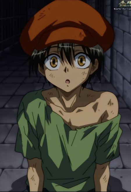 masterpiece, best quality, anime screencap, anime coloring, male focus, upper body, european city, solo, dirty, sitting on ground, :o, single bare shoulder, 
1boy, looking at viewer,
<lora:Guys:1>, guyzz, yellow eyes, brown eyes, hat, black hair, green t shirt, begging,