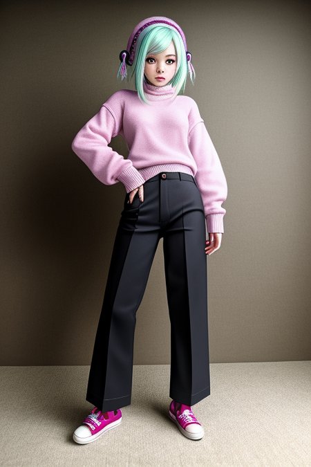 (bada-club:1.0) 1girl woman by bada-club, with pants and a sweater and shoes