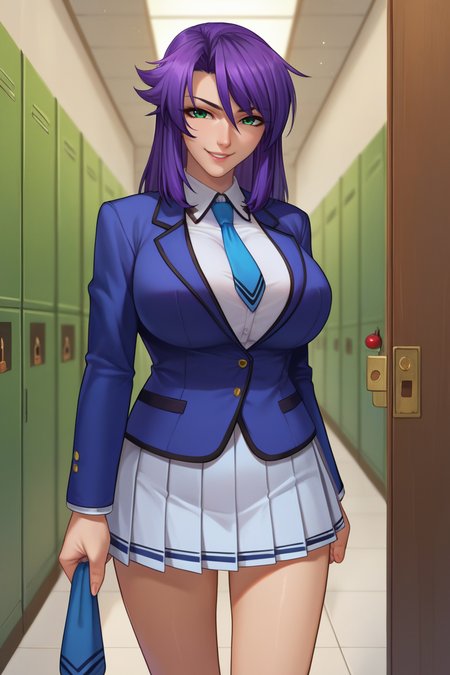 score_9, score_8_up, score_7_up, score_6_up, source_anime, BREAK 1girl, solo,  <lora:lieribishop-pdxl-nvwls-v1-000005:0.8> pbLieri, purple hair, large breasts, blue blazer, necktie, pleated skirt, hallway, looking at you, smile, lockers