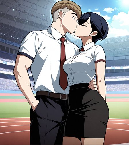 masterpiece,best quality,anime coloring,anime screenshot,
<lora:add-detail-xl:0.5>
1girl,1boy, kiss, 
<lora:Plaything:1>PlaythingV1,
necktie, ,
shirt,short hair,
bangs,white shirt,
red necktie,pencil skirt,
collared shirt,skirt,
p_crazywoman,stadium,outdoors, 
mature female, 20YO,
adult couple,
son_brother,undercut,black pupil,
textured top, dot pupil, black pants,
two-block undercut ,