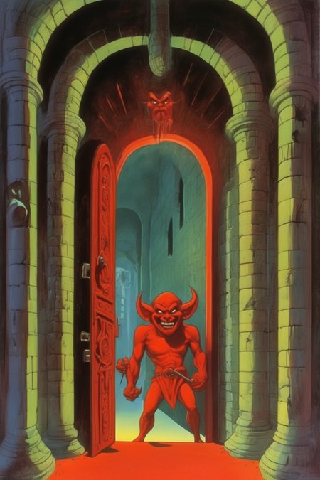 <lora:Ralph Bakshi Style:1>Ralph Bakshi Style - of the red devil, courtesy of swiss painter, in the style of imaginative prison scenes, illuminated visions, adventure pulp, indian pop culture, arched doorways, monumental figures, goblincore