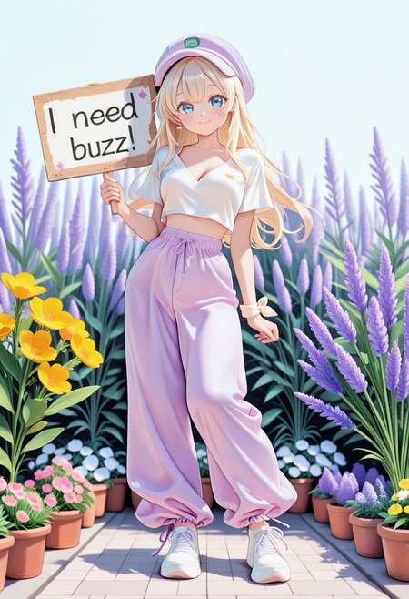 woman, age_21, light gold hair, blue eyes, medium breast, short, slim, very slim waist, white tee, deep v-neck tee, lcrop top, lavender colour pants, baggy pants, ankle tied pants, white shoes,
flirty ,standing, smile, kawaii, looking at viewer,
Contrapposto, holding sign, need_buzz, hat with flowers,
Full body, frontal view, face close-up,
flower garden, a lot of flowers,
pastel_pink, pastel_blue, pastel_mint, pastel_lavender, pastel_yellow, soft_colors, kawaii,