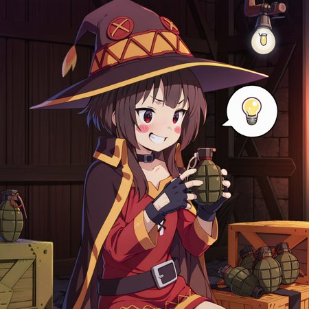 1girl, Megumin, red eyes, brown hair, short hair with long locks, witch hat, red dress, black cape, black collar, black belt, black gloves, fingerless gloves, sitting, spoken light bulb, crate, grin, hands up, holding grenade, grenade, masterpiece, best quality, amazing quality,