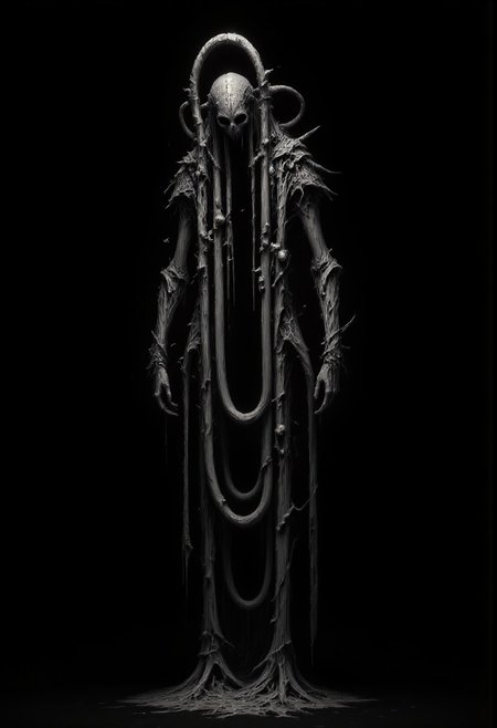 mm-style, black background, cinematic shot of clippy covered in cables and wires, jagged metal plating with a faint glow beneath,