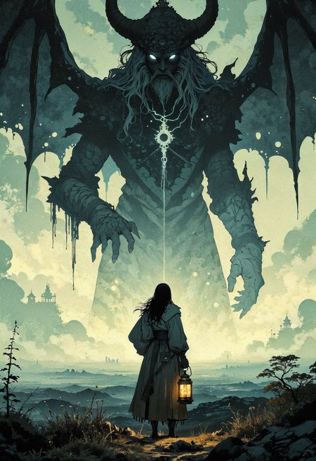 (in Otomo Katsuhiro style:1.2), masterpiece, high-quality, A woman holding an old lantern in a vast field of fog, the light from the lantern creates silhouettes of dreamlike creatures in the mist, hinting at mythical stories, subtle details emerge and fade in the fog, Style is Minimalist folklore realism with soft surreal elements, fog textures, ethereal glow, quiet wonder, (elaborate fine details:1.1), (hyperdetailed:1.1), (intricate details:1.0), (Refined details:1.1), (best quality:1.1), (high resolution:1.2)