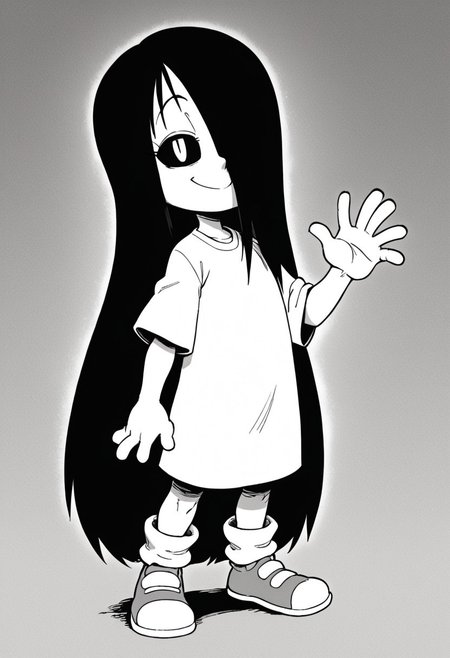 source_cartoon, score_9, score_8, score_9, solo, erma, long hair, greyscale, hair over one eye, black sclera, white pupil, eyelashes, smile, cowboy shot, full body, standing tall,smug, eyes half closed, adult body, <lora:Erma_Williams_webcomic_Erma:1>
