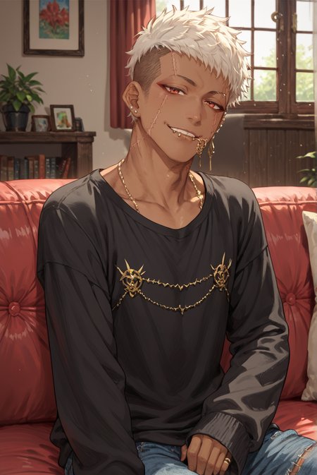 score_9, score_8_up, score_7_up,
sitting on couch, living room, window   <lora:Gore_Versus_for_PonyXL:0.8> 1boy, g0re, solo, scar, piercing, jewelry, short hair, earrings, lip piercing, dark skin, haori, sleeves, stitched clothing, evil smile, smug,