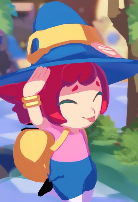 score_9, score_8_up, score_7_up, AhEtoBlehMeme, closed eyes, tongue out, :p, hands on own head, smile, <lora:AhEtoBlehMeme_pdxl_Incrs_v1:1> mika, outfit1, red hair, green eyes, pink shirt, blue shorts, gold bracelet, witch hat, white legwear, black shoes, yellow backpack straps, yellow backpack