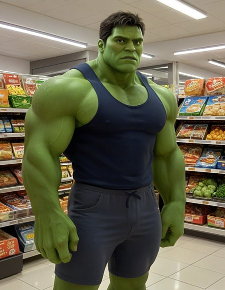 <lora:The_Hulk_2003_V2:0.5> a picture of the hulk, solo, best resolution, best quality, extremely detailed, masterpiece, crisp, sharp focus,  zPDXL3, Shopping Trouble