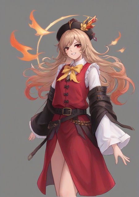 1girl, junko (touhou), by kodoto, belt, black belt, black dress, black headwear, blonde hair, bow, bowtie, brown hair, closed mouth, crescent, dress, energy, gradient hair, grey background, hat, light brown hair, long hair, long sleeves, looking to the side, multicolored hair, phoenix crown, pom pom (clothes), red eyes, red vest, smile, solo, standing, tabard, teeth, vest, wavy hair, wide sleeves, yellow bow, yellow bowtie, zPDXL3  <lora:ç»zçhuizjie:1>