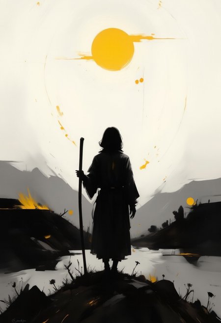 aidmaimageupgrader, monki, hill, back view stave, shadow, silhouette, black and white, monochrome, yellow accents, dramatic lighting, atmospheric, foggy background, japanese culture, minimalist, moody, contrast, sunset glow, isolated figure, reflective pose,pscho_4rt