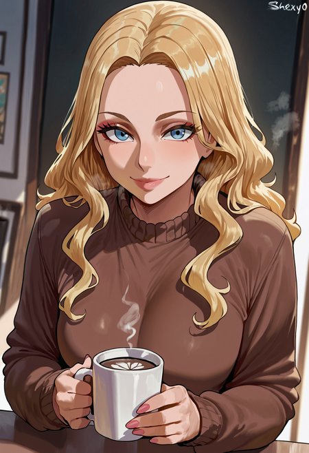<lora:c2hleHlv-illustriousXL_v01_V1-CAME>, Shexyo_Old, 1girl, solo, cup, blonde hair, coffee, blue eyes, long hair, looking at viewer, lips, smile, holding, sweater, eyelashes, long sleeves, pink lips, holding cup, mascara, coffee mug, mug, makeup, nose, upper body, closed mouth, disposable cup, brown sweater, wavy hair, lipstick, fingernails, coffee cup, artist name, pink nails, forehead