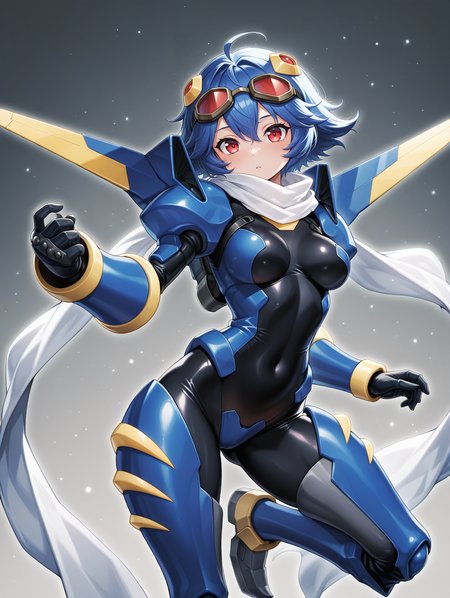 junk warrior,1girl,solo,red eyes,goggles on head,black bodysuit,white scarf,yellow hair ornament,short hair,mecha musume,medium breasts,personification,genderswap \(mtf\),blue armor,blue hair,blue armored gloves,blue armored thigh boots,mechanical wings,brass knuckles, <lora:IllustriousTweakerLora_v1-rev2:0.4>
masterpiece,best quality,amazing quality,very aesthetic,absurdres,newest,<lora:Junk Warrior illuXL v1:0.82>,