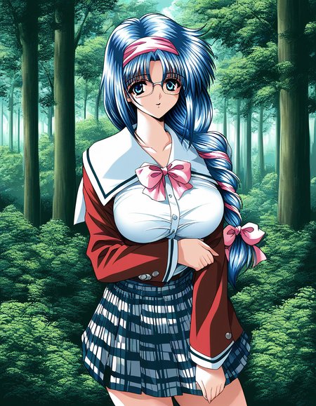 score_9, score_8_up, score_7_up, source_anime, rating_explicit, BREAK  <lora:Nikaidou_Honoka_XL:1> NikaidouHonoka, glasses, blue hair, long hair, large breasts, pink hairband, blue eyes, pink hair ribbon, single braid,
school uniform, checked skirt,  red sleeve, 
looking at viewer, 
cowboyShot,
scenery, tree, sky, nature, outdoors, day, blue sky, forest, sunlight, cloud