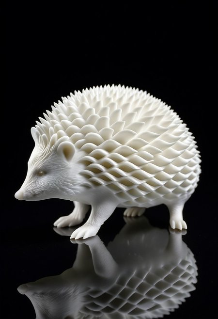 8K analog photo, 3d printed white Hedgehog Statue made of Lattice Structure, WhiteMold, Walking, dark background, minimalist,