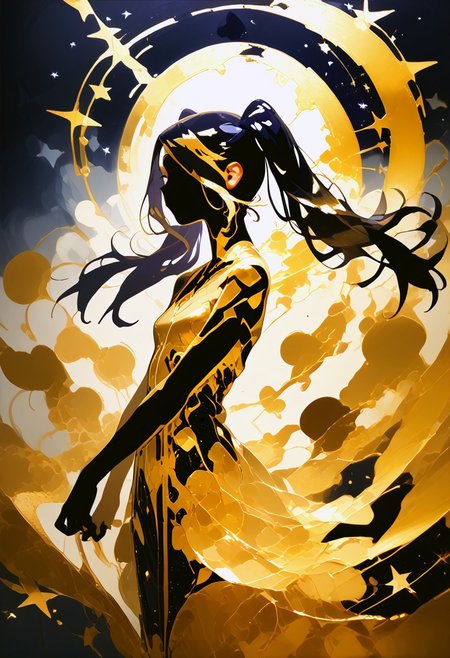 (silhouette_with_gold_foil:1.5), star witch jill stingray, twintails, small golden stars, circular patterns around body, intricate golden dress, gold foil,
score_9, score_8_up, score_7_up, score_6_up, score_5_up,