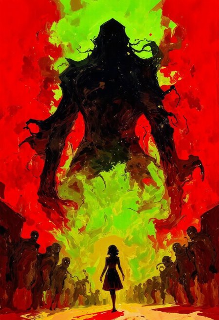 A dark, dramatic poster, likely for a film or movie. 
The central focus is a large, shadowy, Cthulhu, reaching downward against a vibrant, lime green sky. Cthulhu is in sharp contrast with the intense color, appearing black and almost like a monstrous or demonic presence. 
Below Cthulhu, a silhouetted figure of a dancing woman stands out against the same crimson background, dancing toward Cthulhu. The figure is small in scale compared to the overwhelming, monstrous Cthulhu. The figure is simple, a solid shape, and in silhouette, conveying a feeling of vulnerability.
The background is entirely red, lending an ominous and foreboding atmosphere. The red, textured vaguely, suggests maybe a stormy sky or other similar strong backdrop. The overall impression is one of a supernatural confrontation, dread, or a powerful allegorical story.
<lora:FLUX-daubrez-DB4RZ-v2:1> DB4RZ, DB4RZ style painting