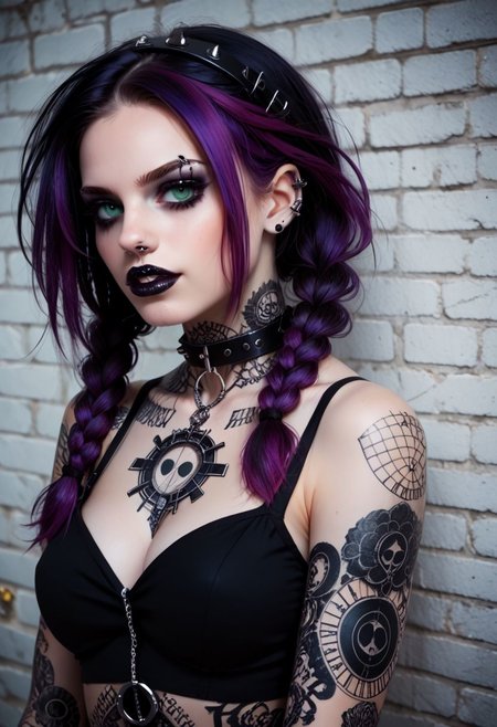 score_9, score_8_up, score_7_up, BREAK
Aesthetic: ((goth, dark, macabre, subculture, fashion, music):1.4) BREAK,
lighting: Chiaroscuro Lighting Style, detailed, clean, urban scenery, ink BREAK
Quality: intricate, highly detailed, sharp focus, realistic, 8k BREAK
Appearance: (22 years old), white girl, greek girl, green eyes, detailed eyes, perfect eyes, twin braids, violet hair, BREAK
(good quality:0.996), BREAK