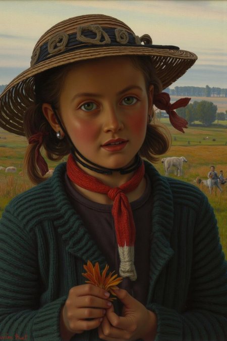 williamhhunt1 painting. 
A young girl standing outdoors in a pastoral setting. She has auburn hair tied back with a ribbon and wears a worn dark green knitted coat with a textured ribbed pattern.
 <lora:williamhhunt1_cap_d6a3e9:1.0><lora:838058723730551217:0>