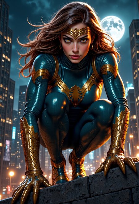 mythp0rt, A stunning superheroine is crouching on all fours like Spiderman towards the viewer, her voluptuous curves and large breasts accentuated by her form-fitting, metallic blue - with a vibrant teal that adds depth and a shimmering finish - and gold turtleneck suit. The metallic sheen is dramatic, showing a high contrast between darks and lights, accentuating her curves and musculature. The golden details on her suit include a wide V shape. Her flowing brown hair with golden highlights is complemented by a golden headpiece that bears a lion motif. Her brown-gold eyes sparkle like a predator's in the moonlight. In her powerful hands are her signature weapons, a pair of large, oversized golden gauntlets ending in golden lion claw tips that scratch deeply into the surface of the wall she's climbing along. Her pose is confident, slinky, and predatory, emphasizing her strength and resilience as she crouching. The background shows a dramatic night sky, with city lights reflecting off her suit and a crescent moon casting a silvery glow.