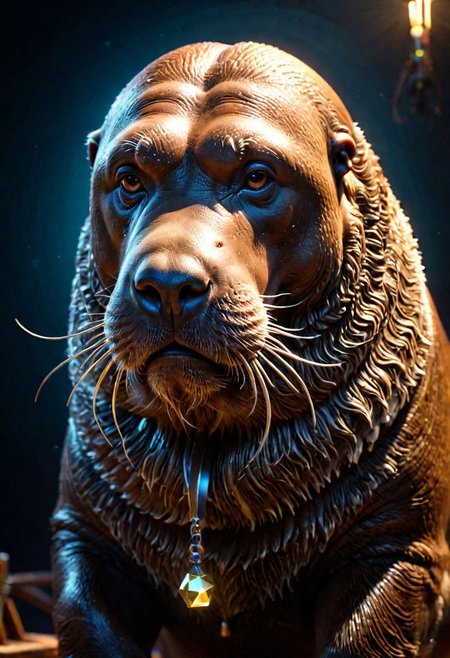 a walrus carpenter that builds 3D mystical geometry from ancient times, subsurface scattering rim lighting best quality precise material reflections balanced contrast accurately calculated shadows physics based materials highres