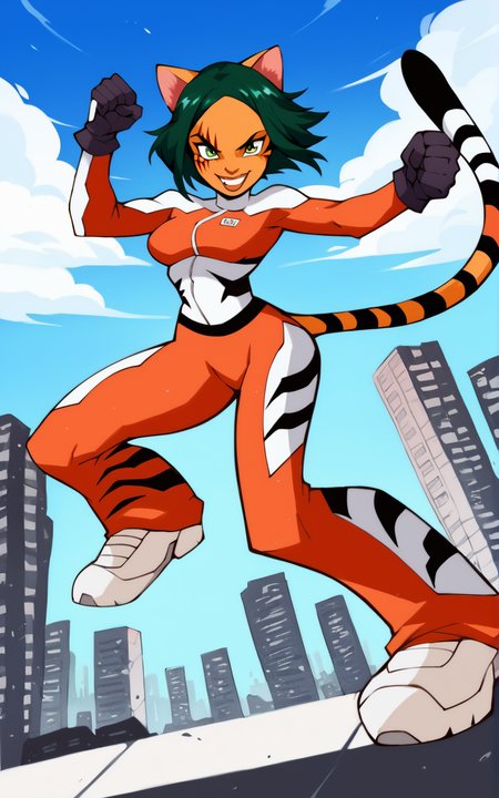 score_9, score_8_up, score_7_up,((best quality)), absurdres, ((full body)), <lora:BolivanteStyle:0.8>, <lora:FKPXL:0.8>,FKPXL,skin tight, black gloves, animal ears, short hair, green hair, orange skin, bodysuit, orange bodysuit, multicolored bodysuit, tiger tail, green eyes, facial mark, gloves, tail, cat ears,cat tail,white footwear, city, action pose