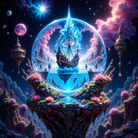 bo-exposure, pinketherealmj, a crystal ball showing A beautiful magical ocean inside, with a fleet of fantasy style  mini viking ships. The crystal ball is floating inside a colorful cosmic storm on space, magical glow, internal glow, magic, fantasy, glowing, colorful,