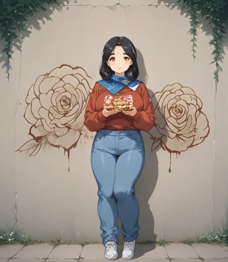 IllusP0s, PonyScores7, source_anime, ah1, IllustriousQual, interesting, exciting, spectacular, wonderful, amazing quality, absolutely eye-catching, 
BREAK <lora:xl_more_art-full_v1:0.2>, <lora:aesthetic_anime_v1s:0.2>, <lora:EpicF4nta5yXL:0.2>, <lora:detailxl:0.2>, detailxl, <lora:Fant5yP0ny:0.2>, amazing quality, best aesthetic, absurdres, illustration, Volumetric_Lighting, ultra-detailed, very aesthetic, intricate details, best_quality, <lora:Add_Details_v1.2:0.4>, <lora:quality_modifiers_masterpieces_v1:0.2>, <lora:ZootPonyAnime_V1_r2:0.2>, <lora:Bestifacator2:0.2>,
BREAK (({eating|offering|serving|feeding at viewer|being feeded with} Fruit and Nut Bars)),
BREAK Stable_Yogis_PDXL_Positives, AS-Adult, <lora:Complicated fantasy portrait - XL Pony V2.0:0.2>, bad-hands-5, <lora:HDA_Detailer:0.3>, <lora:natsumi_style:0.5>, <lora:by_usakun-pony:0.4>, by usakun, <lora:Akina_Bbw_Style_-_PonyXL:0.2>, AkinBw, ((Medium Close-Up)),
BREAK 1girl, mature female, (curvy), round-chin, caucasian, <lora:ETO_OC_Illustrius:0.5>, eto_oc, skindentation, (plump), thick thighs, wide hips, busty, voluptuous, <lora:venus body PonyXL:0.3>, <lora:shinyskin2:0.2>, glistening skin, HDA_FatGirlXL, round ass, large breasts, <lora:plussizegirls_IL:0.3>, <lora:plussizegirls_pony:0.3>, <lora:perfection style:0.2>, perfection style, perfection, 
BREAK ((dusty rose sweater top with high-waisted denim and white sneakers)),
BREAK (curly hair), long hair, (black hair:1.4), (parted hair:1.7), messy hair, kinky curls, <lora:hairdetailpxl:0.2>, hairdetailpxl,
BREAK (half green and brown eyes), (colorful eyes), (multicolored eyes), (downturned eyes:1.4), expressive eyes, <lora:perfect-eyes:0.4> perfecteyes , EyesHD, (round face:1.2), (thick eyebrows:1.3), (plump face), <lora:Round_face:0.2>, lips, <lora:DetailedEyes_xl_bdsqlsz_V1:0.2>, <lora:Eyes_Lora_Pony_Perfect_eyes:0.2>, <lora:focusoneyes:0.2>, <lora:cinematic eye color style illustrious v1:0.2>,
BREAK ((Enigmatic, Mysterious, puzzling expression)), <lora:Expressive_H:0.2>, Expressiveh, <lora:Emotional_Anime_Expressions_PonyXL_Concept:0.2>, emotional, <lora:Best_Facial_Expression_LoRA_PONY:0.2>, looking at viewer, <lora:Detailed expressive EXEV style -XL Pony V1.0:0.2>, FaceDetail, <lora:Best_Facial_Expression_Helper_XTREME_ILLU:0.4>, kaogei,
BREAK (((graffiti walls))), <lora:Background Detailer - SDXL:0.8>, 4k, 8k, Ultra HD, Masterpiece, Best quality, Detailed background, <lora:Add_more_details_V2_XLpony:0.2>, full_details, <lora:background-type1:0.2>, <lora:Anime_Aesthetic_Wallpaper_StyleIllustriousXL:0.2>, aniwall,