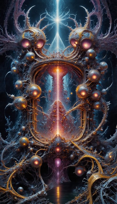 This is a highly detailed fractalex digital painting in a neoclassicism style a compelling use of (snellâs law) how light travels through the lenses of spheres creating a gateway to other dimensions through an Electrified spectrum of fractal separation into multidimensional gateways with views of spiral galaxy, before entering a newdimension. Use (gold leaf,blue, pink) precise fractal design, flowing curves, precision, colorful fractal geometry, harmonic interference, dismrt style, realism, detailed digital illustration, photo manipulation, altered realities, digital artistry, striking visuals, chiroscuro lighting, masterpiece, best quality, highres, high detail, sharp focus, detailed background, light reflection, photo-realistic,  <lora:Epic_gorgeous_Details-flux.1:0.5> <lora:Amazing_scenery_v1:1> <lora:P-Mystic-Fusion_v10:0> <lora:flux.1_lora_surreal-tones_v1:0> <lora:RealisticDigitalPainting-flux:0.6> <lora:Electrified_Flux_v1:1> <lora:Dorota_Pietrowiak-Flux:0.3> <lora:best_of_flux_v30_rank64_bf16-step01750:0.65> <lora:ral-frctlgmtry_flux:0.65> <lora:fractalex:0.5441650390625> <lora:-_Flux1_-_vanta_black_V2.0:1>
