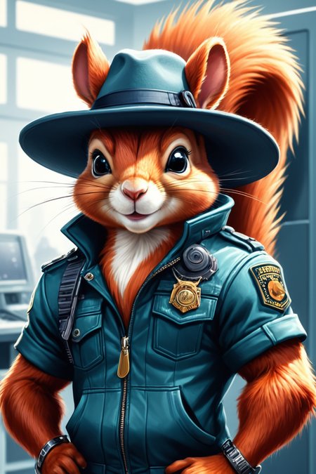 Detailed digital illustration of an anthro Squirrel (Holding a hat stylishly) at a Megacorporation research facility with high-tech security, <lora:xl_more_art-full_v1:0.5>,  <lora:anthro_muscular:0.7> , <lora:madpunk:0.4> madpunk