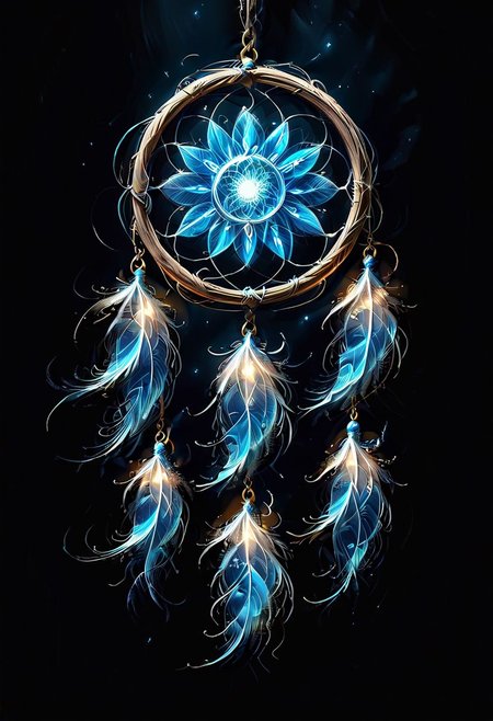 a (dream catcher glowing with a mystical light) hangs on the wall in the blue room, the room is covered in darkness at night, graphic style of novel comics, perfect hands, 2d, 8k, hyperrealism, masterpiece, high resolution, best quality, ultra-detailed, super realistic, Hyperrealistic art, high-quality, ultra high res, highest detailed, lot of details, Extremely high-resolution details, incredibly lifelike, colourful, soft cinematic light,