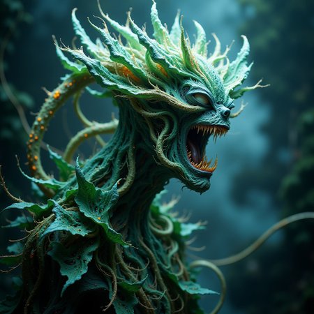 biomorphic female alien plant hybrid with sharp teeth and without eyes, unnatural translucent bioluminescent flora in an extraterrestrial scenery, sci-fi, hyperdetailed, ethereal, magical, mysterious mist, neon, living flower, eerie, soap bubble, wet and slimy