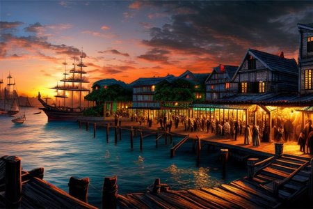 (masterpiece:1.2), (best quality,:1.2), 8k, HDR, ultra detailed, ((photorealistic)), perfect anatomy, professional light, cinematic lighting, fashion photography, ambient lighting, pire, ships, pier, outside a tavern over looking a busy harbor in the caribbean, colorful sunset