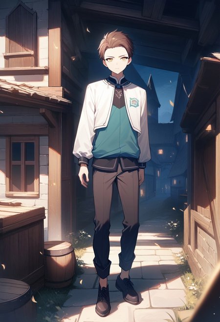 (best quality, masterpiece), 1 boy,18 years old, medieval village, dark mood, Arrogant,
brown hair, short hair, no bangs,  white color student uniform, full body,
 , looking at viewer, Unobtrusive golden eyes, Dull golden eyes,