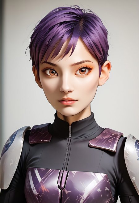 score_9, score_8_up, score_7_up, score_6_up,
1 girl , big eyes, 1 gorgeous girl) asian girl
purple hair, Brown eyes, Morena Skin, short hair, dark purple hair, almond-shaped Asian eyes, square-shaped face, light brown skin color, brown skin (short asymmetrical haircut, dyed in dark purple), boy short hair cut, (buzz-cut, tomboy-cut)
Futuristic female Mandalorian warrior with East Asian features, short purple hair (purple), 
wearing a sleek Mandalorian armor with graffiti-style paint patterns in purple, orange, and gray. 
She has a confident, rebellious expression, detailed armor with a phoenix symbol on the shoulder plate, leather gloves, utility belt, blaster holsters. 
Futuristic sci-fi background, cinematic lighting, high detail
portrait picture