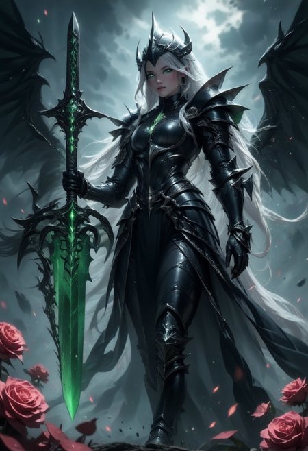 ral-18thlxry,Amidst the opulent court of a queen, one knight stands out. Clad in blackened silver plate armor, polished to a mirror sheen, she is known as the Iron Rose, the queen's most trusted protector. Her helmet, adorned with a single, exquisite rose crafted from iron, never leaves her side, a symbol of her unwavering loyalty and the iron will that lies beneath her stoic exterior.,black face shield, holding a shield formd as a rose, holding a black pattern sword