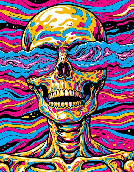 Vibrant, psychedelic acid art close up portrait of a skeleton with giant waves coming out of their eyes. waves with neon colorsâelectric blues, fiery oranges, and vibrant pinksâblending and swirling together, contrasting colors, enhancing the trippy, acid-pop vibe.