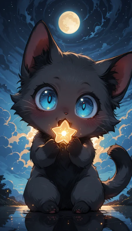 masterpiece,
perfect eyes, vivid colors, vibrant colors,
pinkretroanime, retro art, (lineless:1.5), smooth edges,
, This is a digitally created image featuring an adorable cartoon kitten. The cat, with its dark fur, is positioned centrally within the frame, appearing to sit on a surface that resembles stardust or a magical carpet. Its eyes are wide and round, filled with curiosity or delight, while its mouth is slightly open as if in surprise or anticipation. The kitten's body is crouched down, with arms stretched out towards the viewer, suggesting a playful or inviting pose. The background is a deep blue color, reminiscent of nighttime, and it appears to be an illustration rather than a photographic scene. It has a starry sky effect, with white stars scattered throughout, contributing to a whimsical and magical atmosphere. The cat's expression and the enchanting background together create a sense of wonder and storytelling, often associated with anime or manga art styles. There is no text present in the image., solo, looking at viewer, blush, blue eyes, holding, sitting, tail, full body, outdoors, sky, cloud, star \(symbol\), hands up, no humans, night, glowing, animal, moon, cat, cloudy sky, looking up, star \(sky\), night sky, bright pupils, 1other, starry sky, reflection, wide-eyed, space, black cat, animal focus, starry background, straight-on, sparkling eyes, whiskers, black fur, fluffy, reflective floor, pawpads, grey fur, reflective water