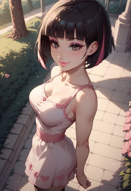 score_9, score_8_up, score_7_up, score_6_up, score_5_up, score_4_up, rckst style, atmospheric lighting, 1girl,Sarah, SarahRH, short black hair, bob cut, straight hair, blunt bangs, dyed bangs (pink), (pink) streaked hair, dark eyes, cute face, beautiful lips, medium breasts, curvy, large hips, pale skin, mole under her eye, moles on her body, makeup, pink lip gloss, smiling, closed lips, side view, standing up, posing, posing cute, outdoors, pink sundress, squared pattern sundress, trees, shadows, aesthetic, dynamic angle view,