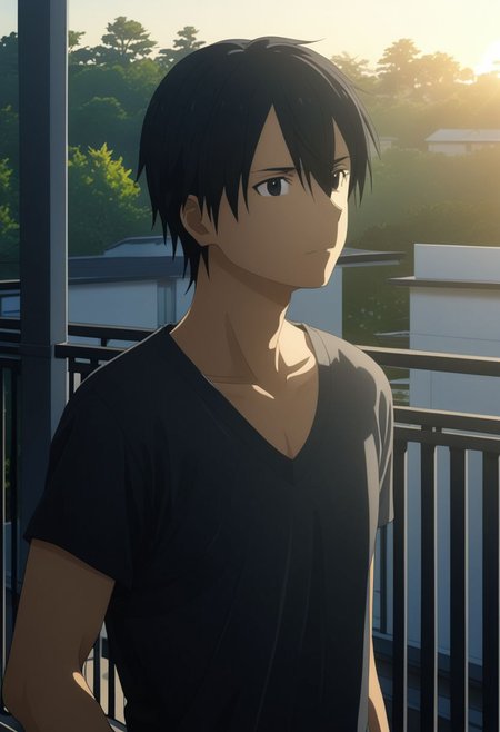 high resolution, professional photography, best quality, 1Boy, Kirigaya Kazuto, Black Hair, Black Eyes, overalldetail, home balcony, morning, soft sunlight, cigarette, coffee, v-neck t-shirt, shorts, potrait, looking away