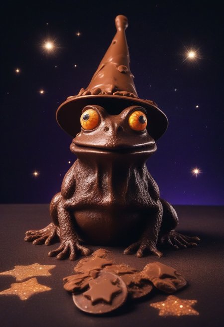(chocolate frog with a wizard hat made of chocolate with googly eyes), eating chocolate goo, sharp teeth,  surrounded by chocolate chips
 Close up, space stars background.
(skeleton glowing)
zavy-flrscnc, fluorescent, fluorescent spraypaint,