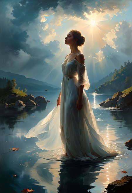 ((masterpiece, best quality, high quality, highres, ultra-detailed)), (oil painting:0.1),  (best quality, 8K, high resolution, extreme detail, outstanding composition:1.4), art by Jeremy Mann, dramatic light, aesthetic of hard - edge painting:0.1), a low-key digital painting depicting woman emerging from a lake, with rays of light cutting through the clouds, creating a moody atmosphere, her expression both powerful and contemplative. She wears a royal white dress, Lady of the Lake, transparent. Wellingtons, full body, oil on canvas, (ivan aivazovsky:0.1), (best quality, high resolution, extreme detail, outstanding composition, masterpiece:1.4), award winning, (aesthetic of conceptual art with volcanic atmosphere:0.5), screen space reflections (ssr), absolute sharpness, f/11, symmetry and balance, distinctive breathtaking magnum with delicate details, epic shot, action shot, moody picture,