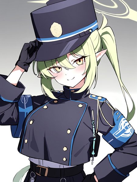 1girl,nozomi \(blue archive\), blue archive, solo, long hair, hat, green hair, pointy ears, halo, yellow eyes, peaked cap, jacket, black gloves, hand on own hip, closed mouth, hair over one eye, looking at viewer, brown necktie, large breasts, eyes visible through hair, smile, long sleeves, side ponytail, gloves, upper body, light green hair, character name, necktie, breasts, english text, blush, black headwear, white jacket,
masterpiece,best quality,  newest, absurdres, safe   <lora:eps_twin_fp8-000028:1>