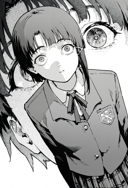 masterpiece, highres, absurdres, newest, very awa, monochrome, close-up, eye focus,  1girl, iwakura_lain_\(sel\), school uniform, neck ribbon, green plaid skirt,   eye reflection, wide-eyed, dutch angle,   

<lora:spo_sdxl_10ep_4k-data_lora_webui>,  <lora:NOOB_EPSv1_1_detailer_by_vlnvk_v1_0>, <lora:noobai_ep11_stabilizer_v0.30_fp16>, <lora:takayanagi_katsuya:0.7>