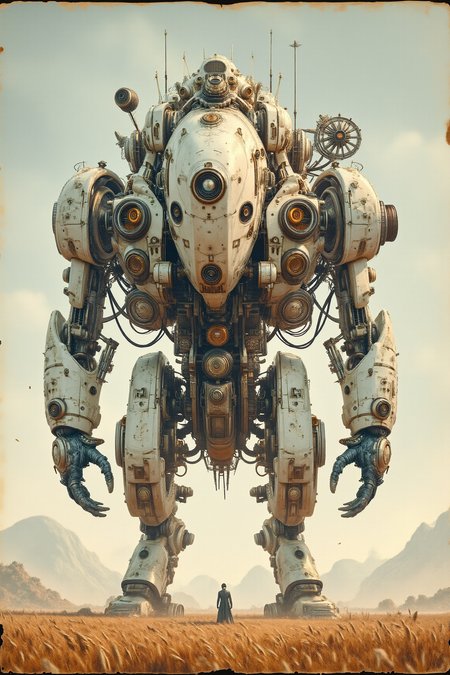 YFG-Sm0rg, YFG-Zaat, An illustration of a huge steampunk, robot monster, wheat field, distant mountains, pale blue sky, rococo, quiet and peaceful, priest, Simon Stalenhag style, parchment.
